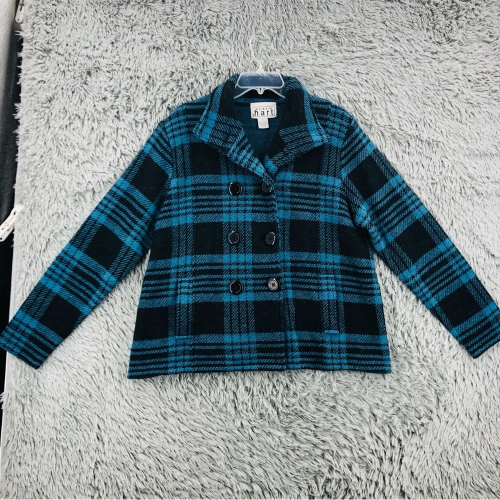 Keren Hart Peacoat Womens XL Wool Plaid Blue Black Pockets Pea Coat